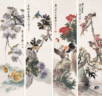 金梦石 1910年作 花鸟 四屏